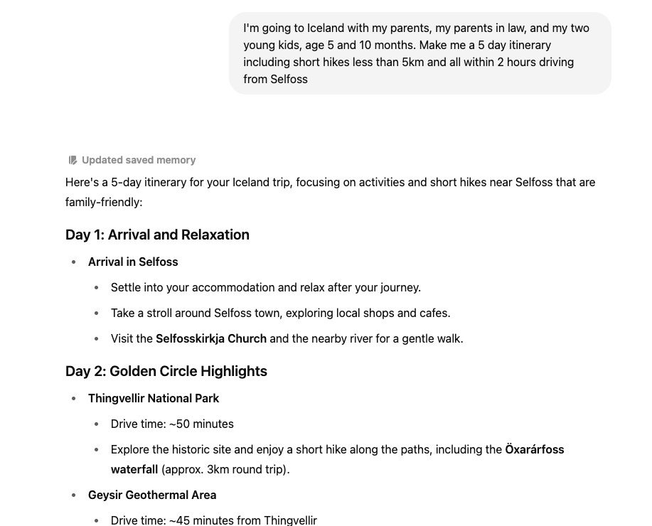plan a trip with chatgpt - chtgpt prompt and trip itinerary screenshot