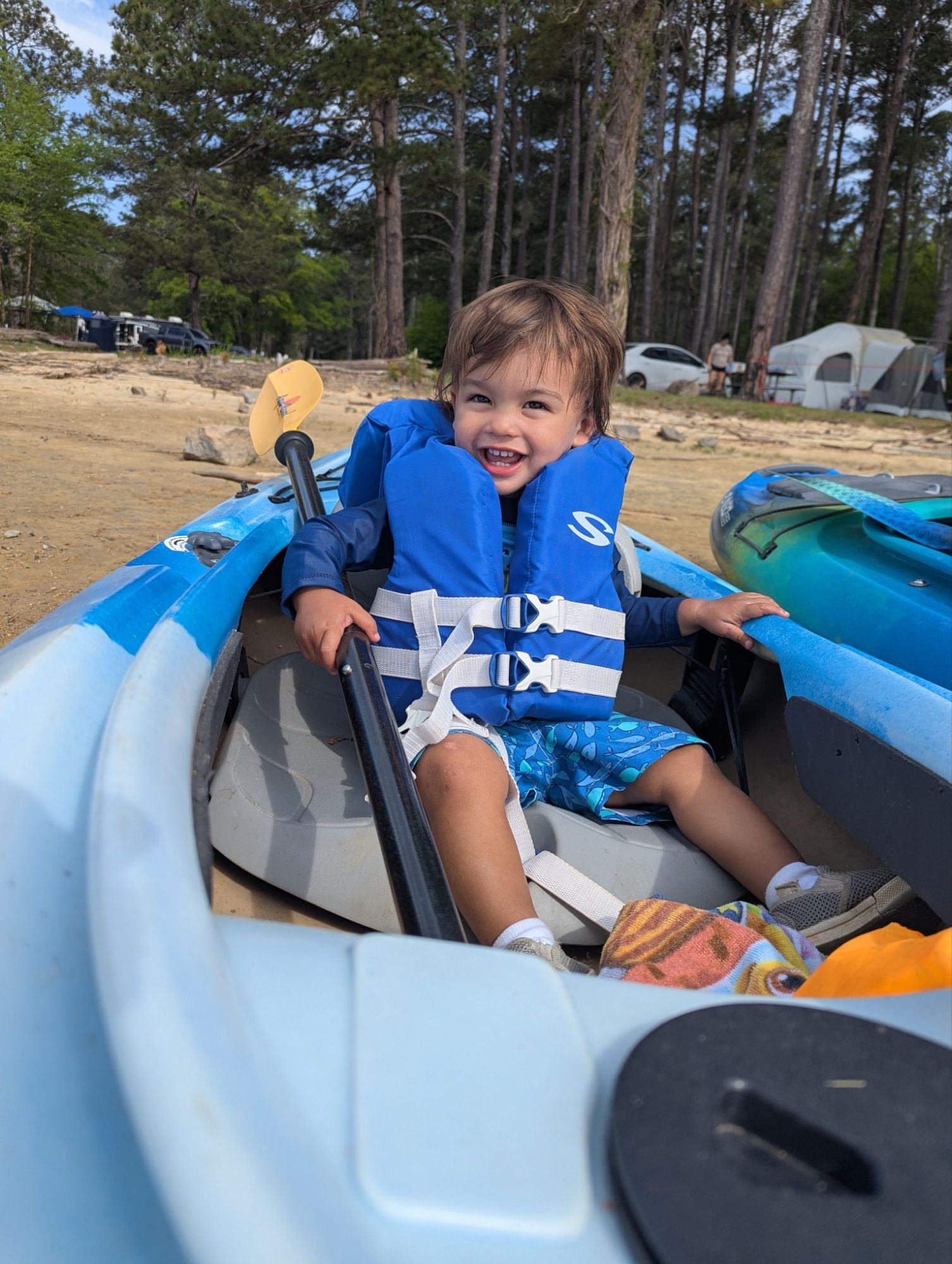 Arlo in the kayak - camping in georgia with kids