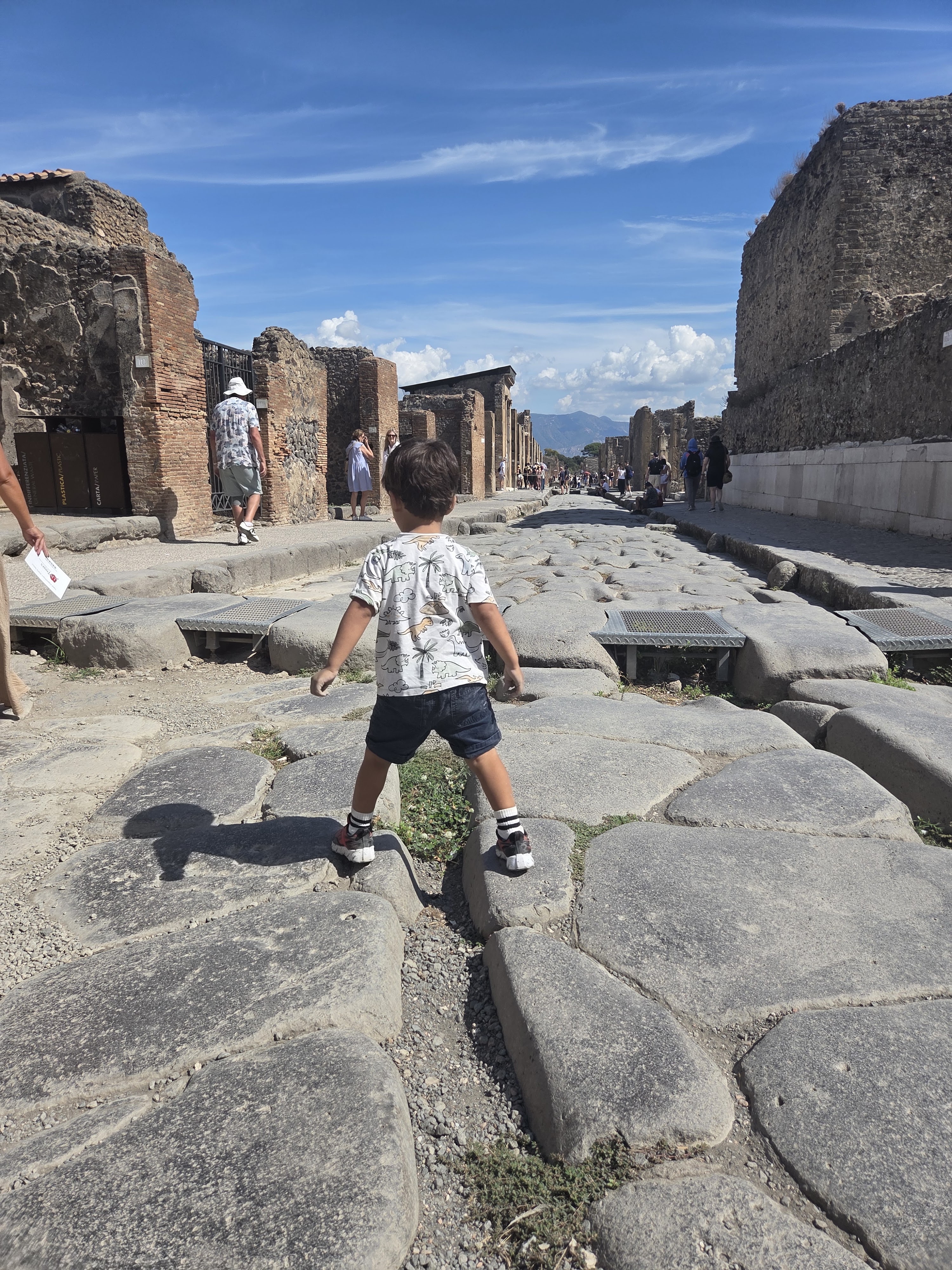 Arlo walking across raised stepping stones in a Pompeii street, Mount Vesuvius visible in the distance