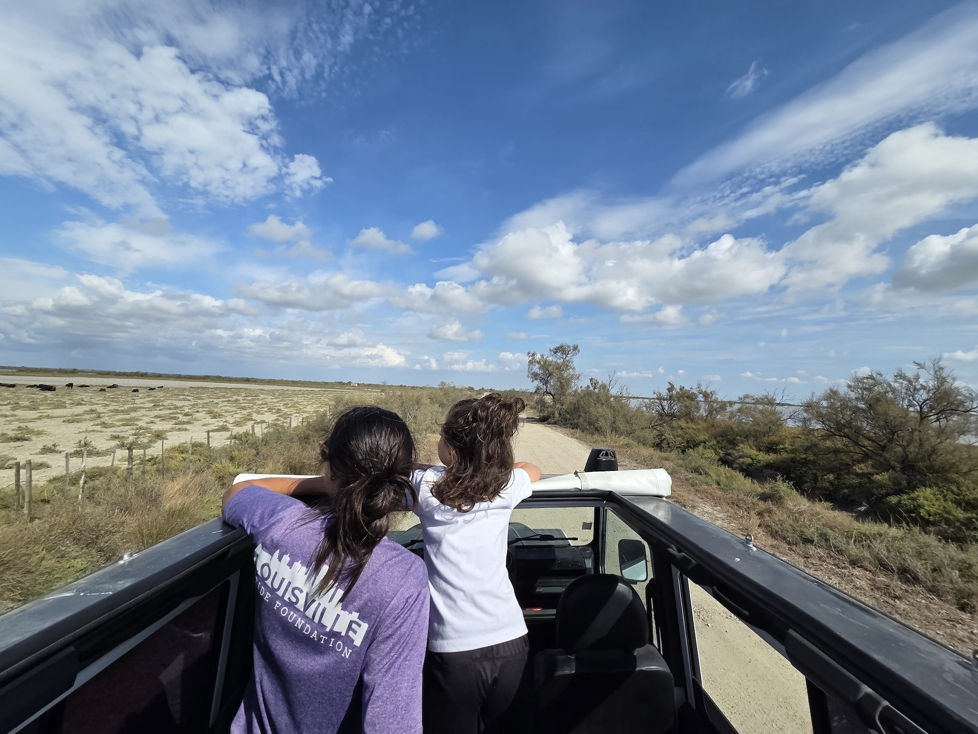 Remi and Alissa in a purple shirt standing up through the open roof of the jeep, looking out over a sandy flat and marsh stretching to the horizon