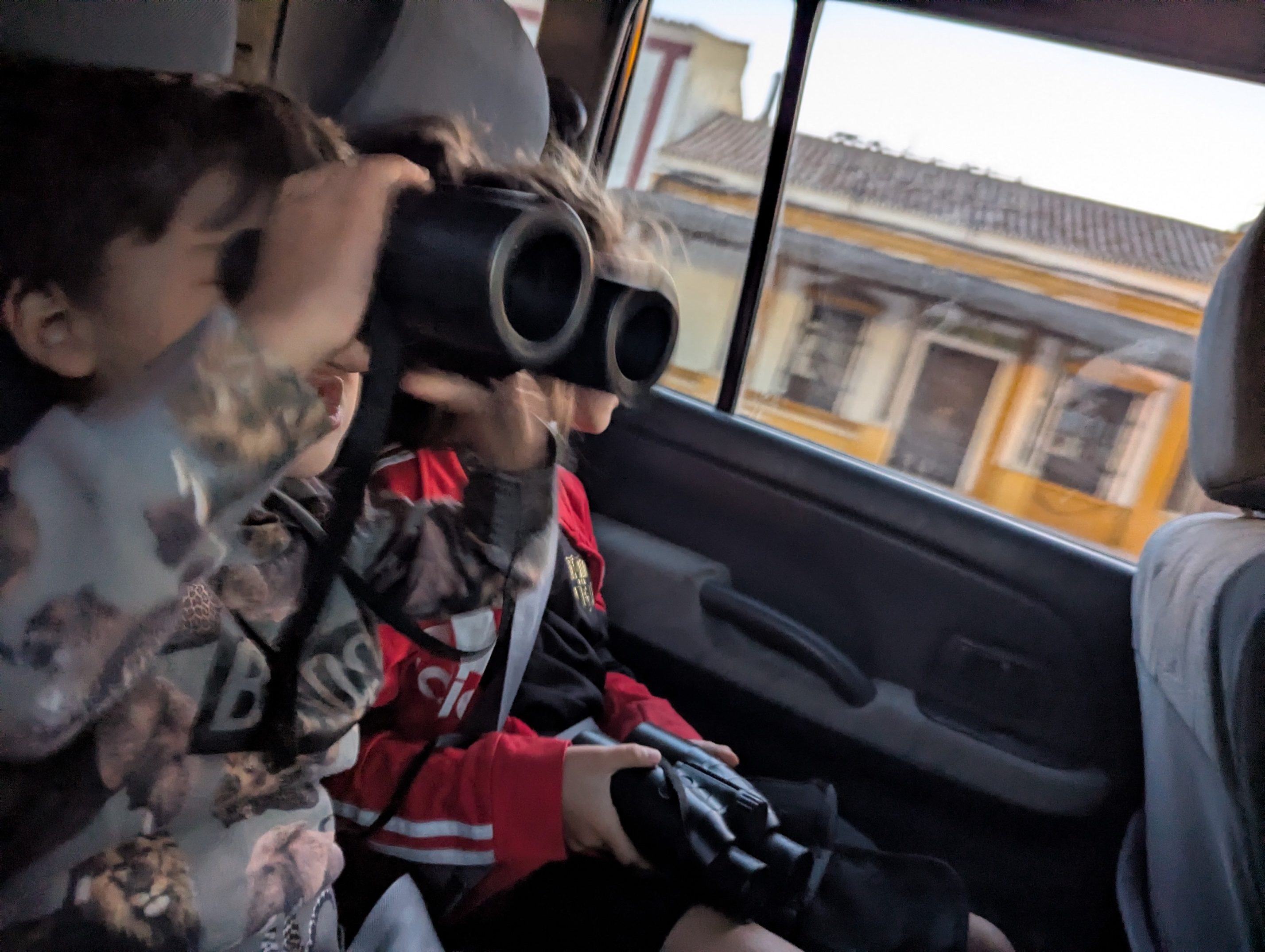 Remi and Arlo side by side in the back of the 4x4, each holding binoculars up to their eyes and looking out the window