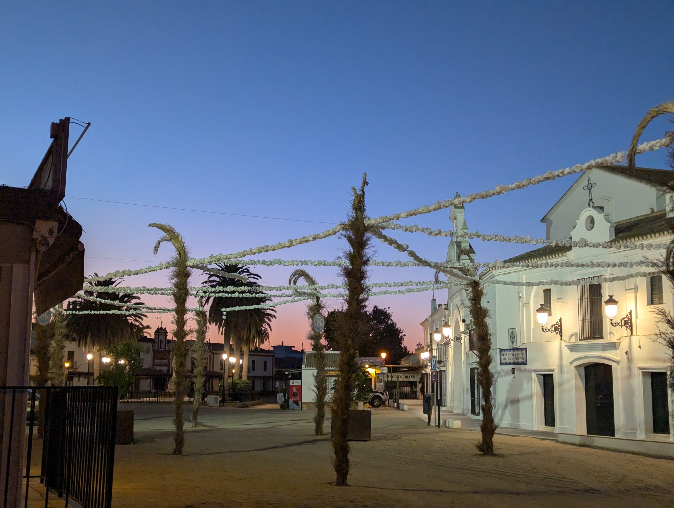 A quiet street in El Rocío just before sunrise, a pink and blue sky, strings of lights hung between palm trunks, and white buildings lit by street lamps