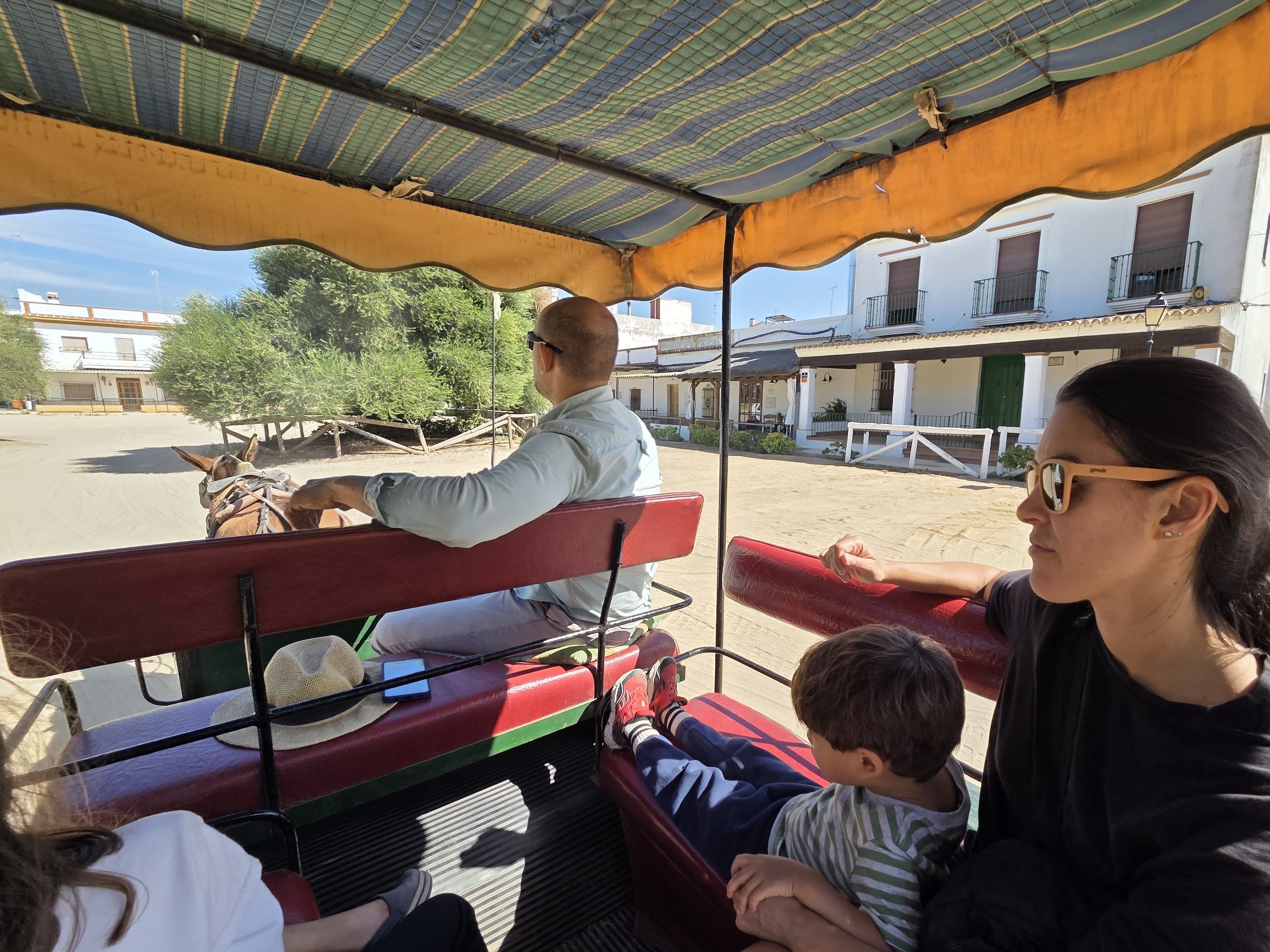 View from the back of a horse-drawn cart with a striped canopy, the driver in a straw hat up front, Arlo and a parent riding along a sandy street lined with white houses